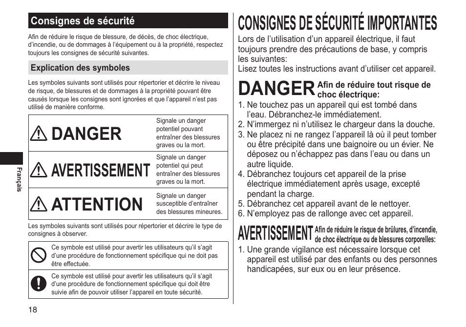 Consignes de sécurité, Consignesdesécuritéimportantes, Danger | Avertissement, Attention, Consignesdesécurité | Panasonic ES-LT33-S User Manual | Page 18 / 44