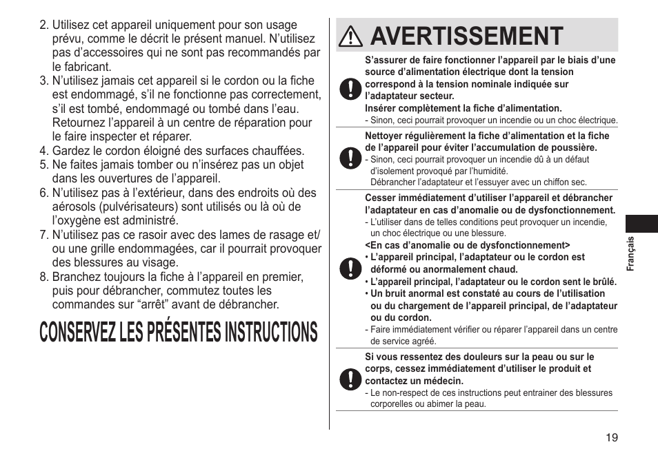 Conservezlesprésentesinstructions, Avertissement | Panasonic ES-LT33-S User Manual | Page 19 / 44