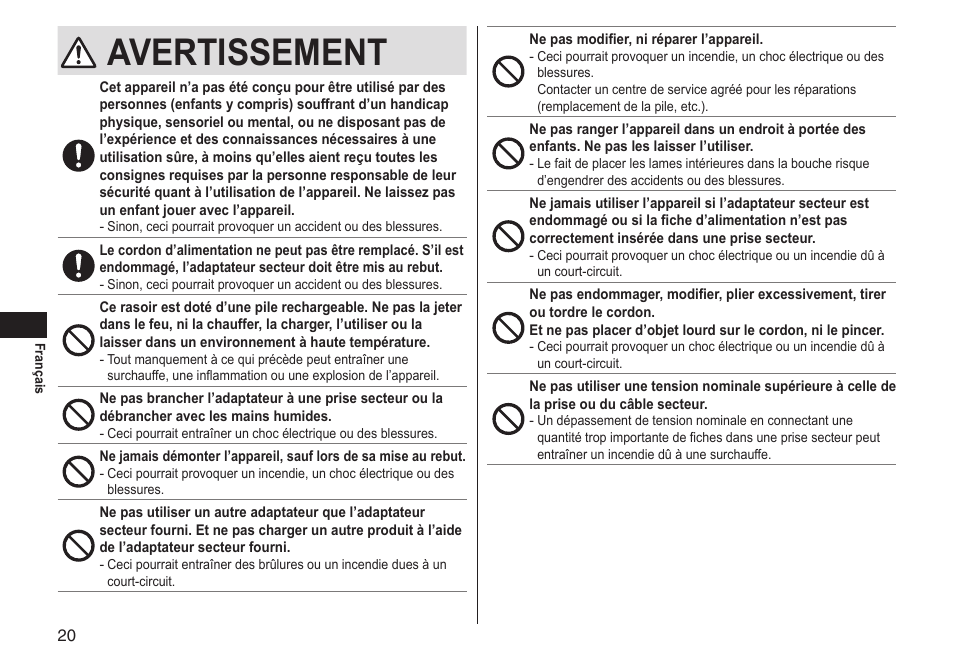 Avertissement | Panasonic ES-LT33-S User Manual | Page 20 / 44