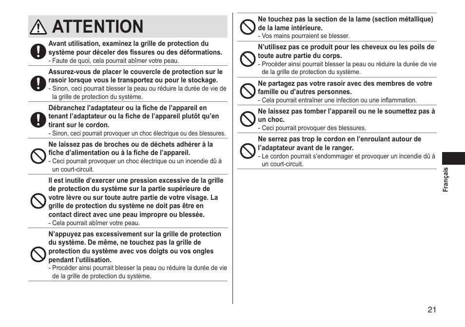 Attention | Panasonic ES-LT33-S User Manual | Page 21 / 44
