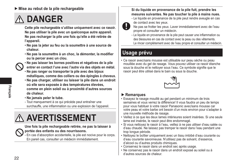 Usage prévu, Danger, Avertissement | Usageprévu | Panasonic ES-LT33-S User Manual | Page 22 / 44