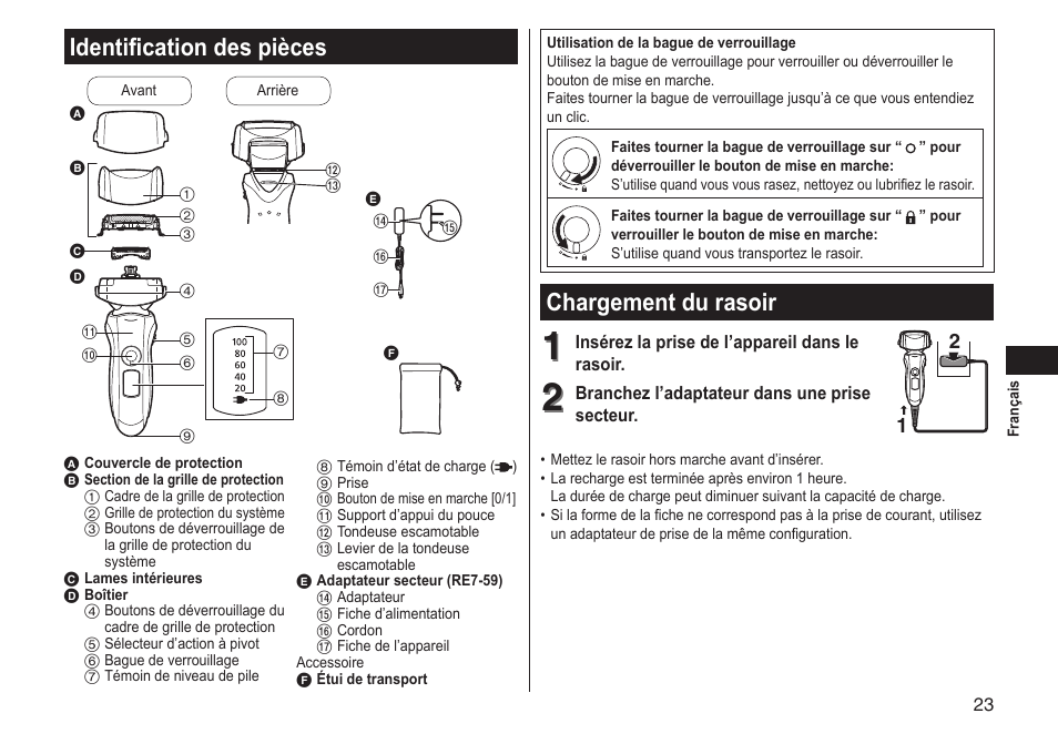 Identification des pièces, Chargement du rasoir, Identificationdespièces | Chargementdurasoir | Panasonic ES-LT33-S User Manual | Page 23 / 44
