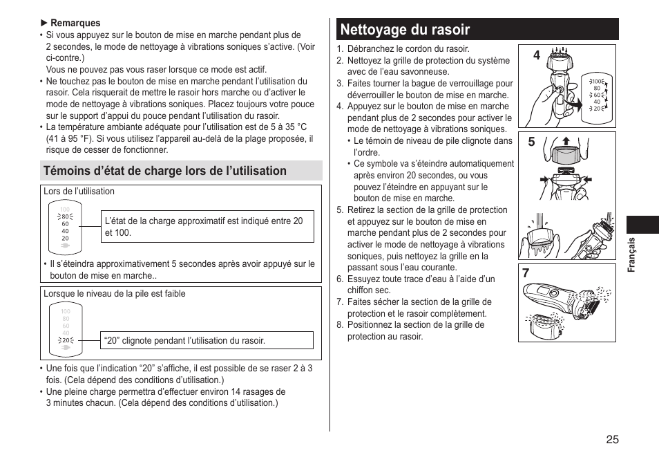 Nettoyage du rasoir, Nettoyagedurasoir, Témoinsd’étatdechargelorsdel’utilisation | Panasonic ES-LT33-S User Manual | Page 25 / 44