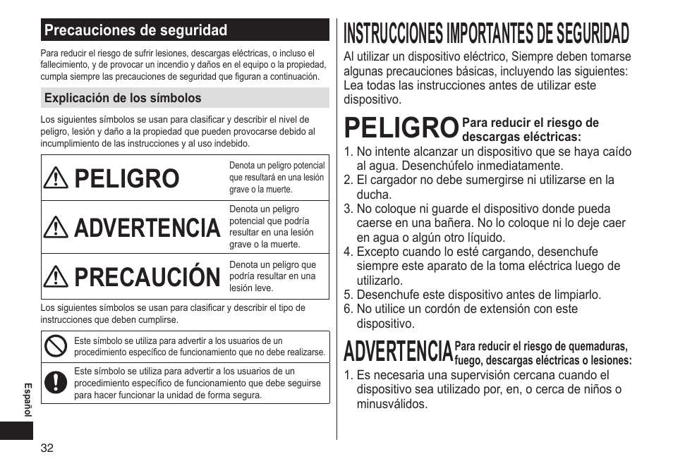 Precauciones de seguridad, Instruccionesimportantesdeseguridad, Peligro | Advertencia, Precaución, Precaucionesdeseguridad | Panasonic ES-LT33-S User Manual | Page 32 / 44
