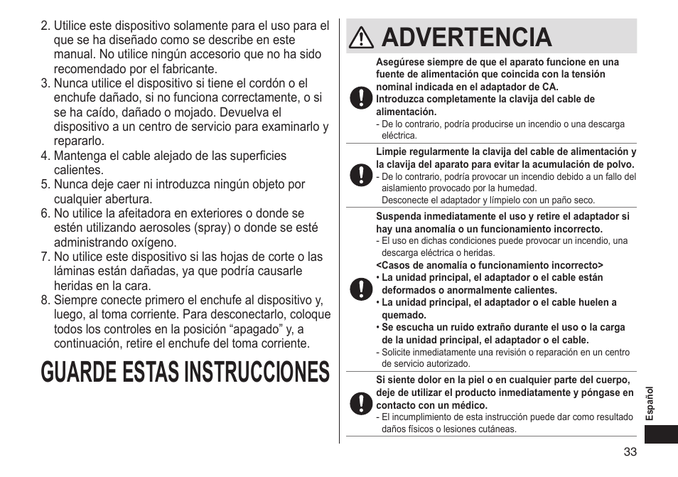 Guardeestasinstrucciones, Advertencia | Panasonic ES-LT33-S User Manual | Page 33 / 44