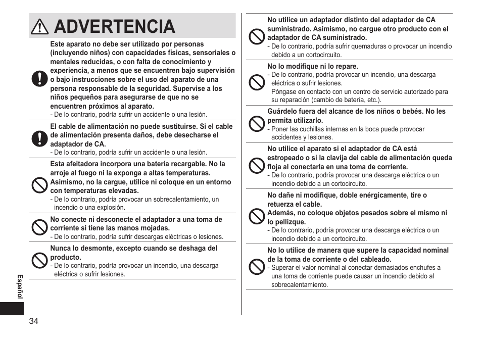 Advertencia | Panasonic ES-LT33-S User Manual | Page 34 / 44