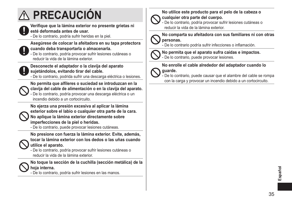 Precaución | Panasonic ES-LT33-S User Manual | Page 35 / 44