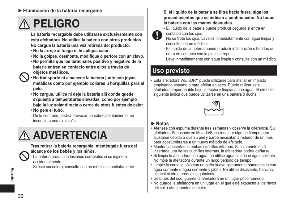 Uso previsto, Peligro, Advertencia | Usoprevisto | Panasonic ES-LT33-S User Manual | Page 36 / 44