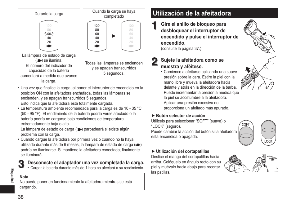 Utilización de la afeitadora, Utilizacióndelaafeitadora | Panasonic ES-LT33-S User Manual | Page 38 / 44