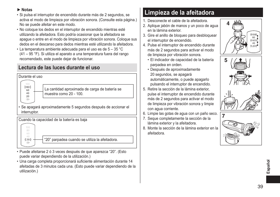 Limpieza de la afeitadora, Limpiezadelaafeitadora, Lecturadelaslucesduranteeluso | Panasonic ES-LT33-S User Manual | Page 39 / 44