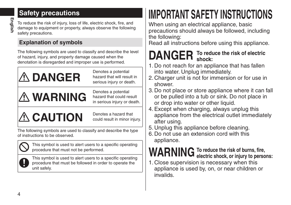 Safety precautions, Importantsafetyinstructions, Danger | Warning, Caution | Panasonic ES-LT33-S User Manual | Page 4 / 44