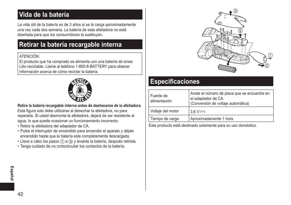 Vida de la batería, Retirar la batería recargable interna, Especificaciones | Vidadelabatería, Retirarlabateríarecargableinterna | Panasonic ES-LT33-S User Manual | Page 42 / 44