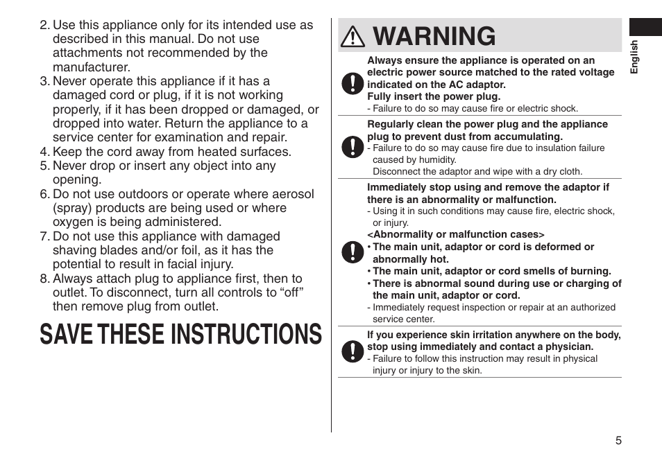 Savetheseinstructions, Warning | Panasonic ES-LT33-S User Manual | Page 5 / 44