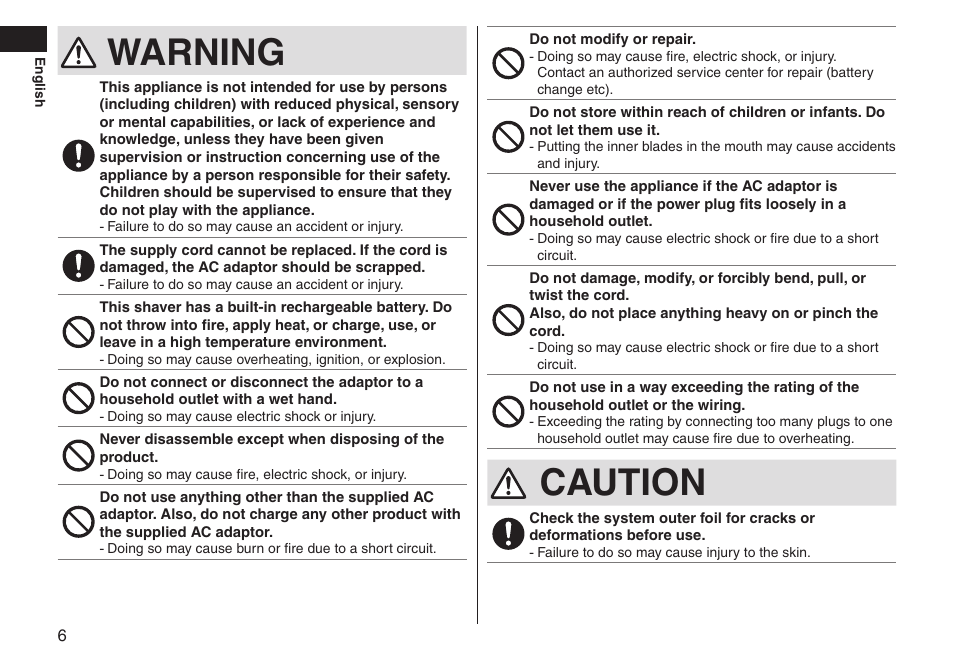 Warning, Caution | Panasonic ES-LT33-S User Manual | Page 6 / 44