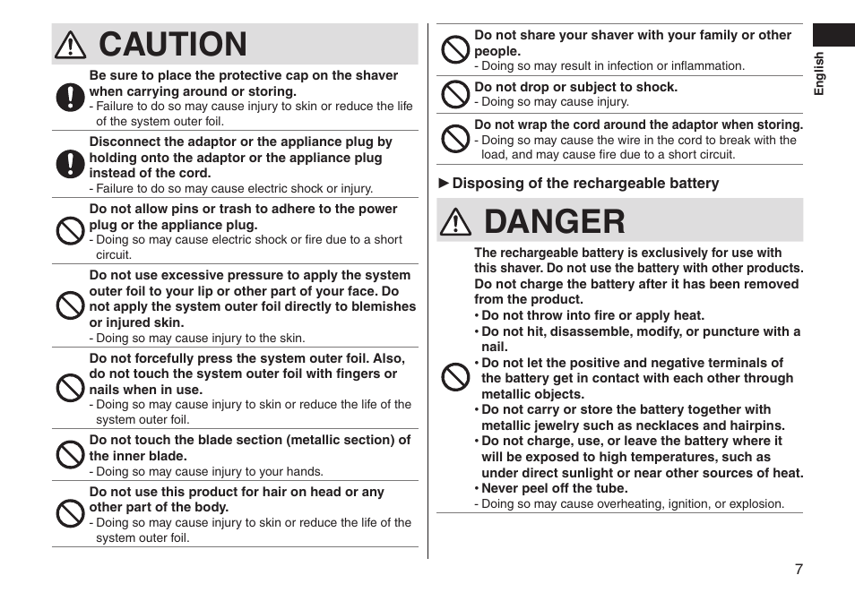 Caution, Danger | Panasonic ES-LT33-S User Manual | Page 7 / 44