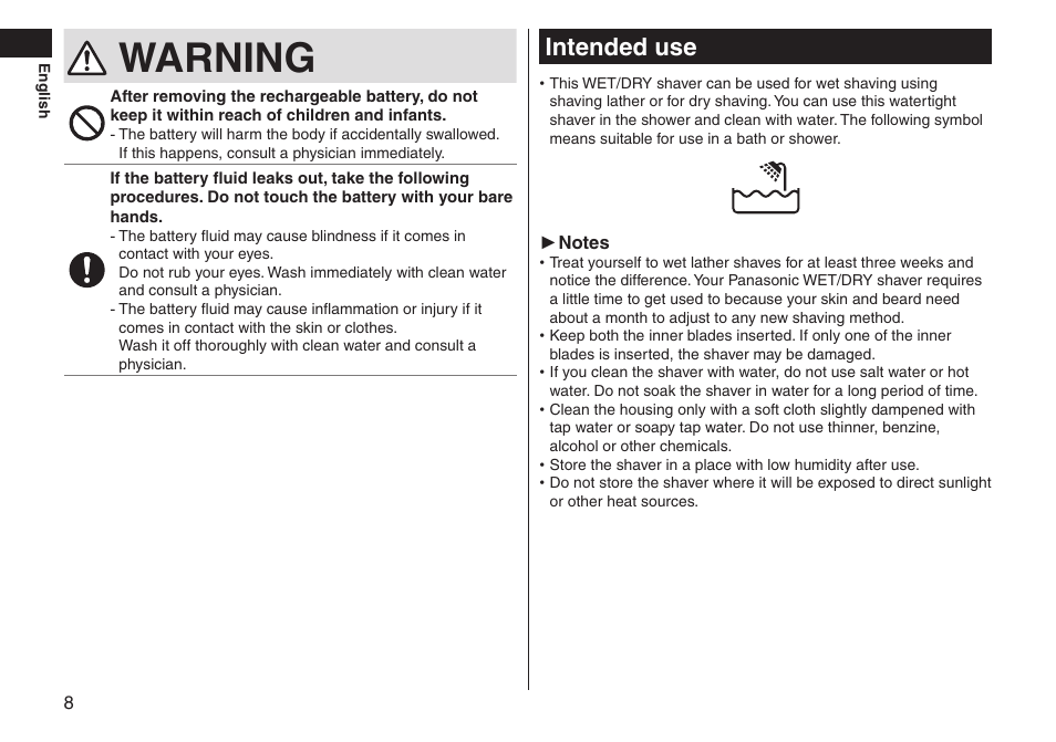 Intended use, Warning, Intendeduse | Panasonic ES-LT33-S User Manual | Page 8 / 44