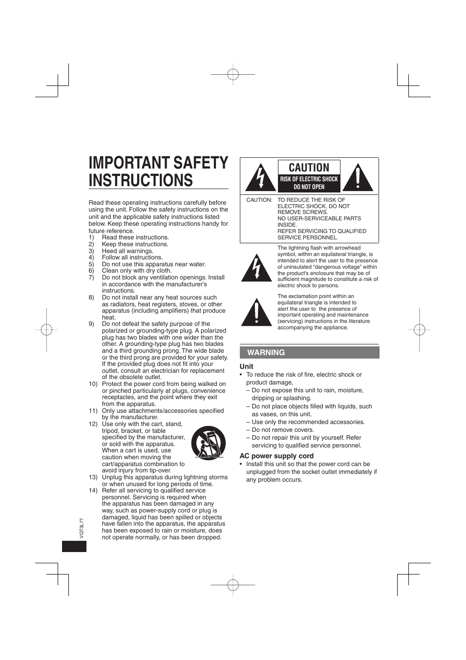 Important safety instructions, Caution, Warning | Panasonic DVD-S48 User Manual | Page 2 / 16