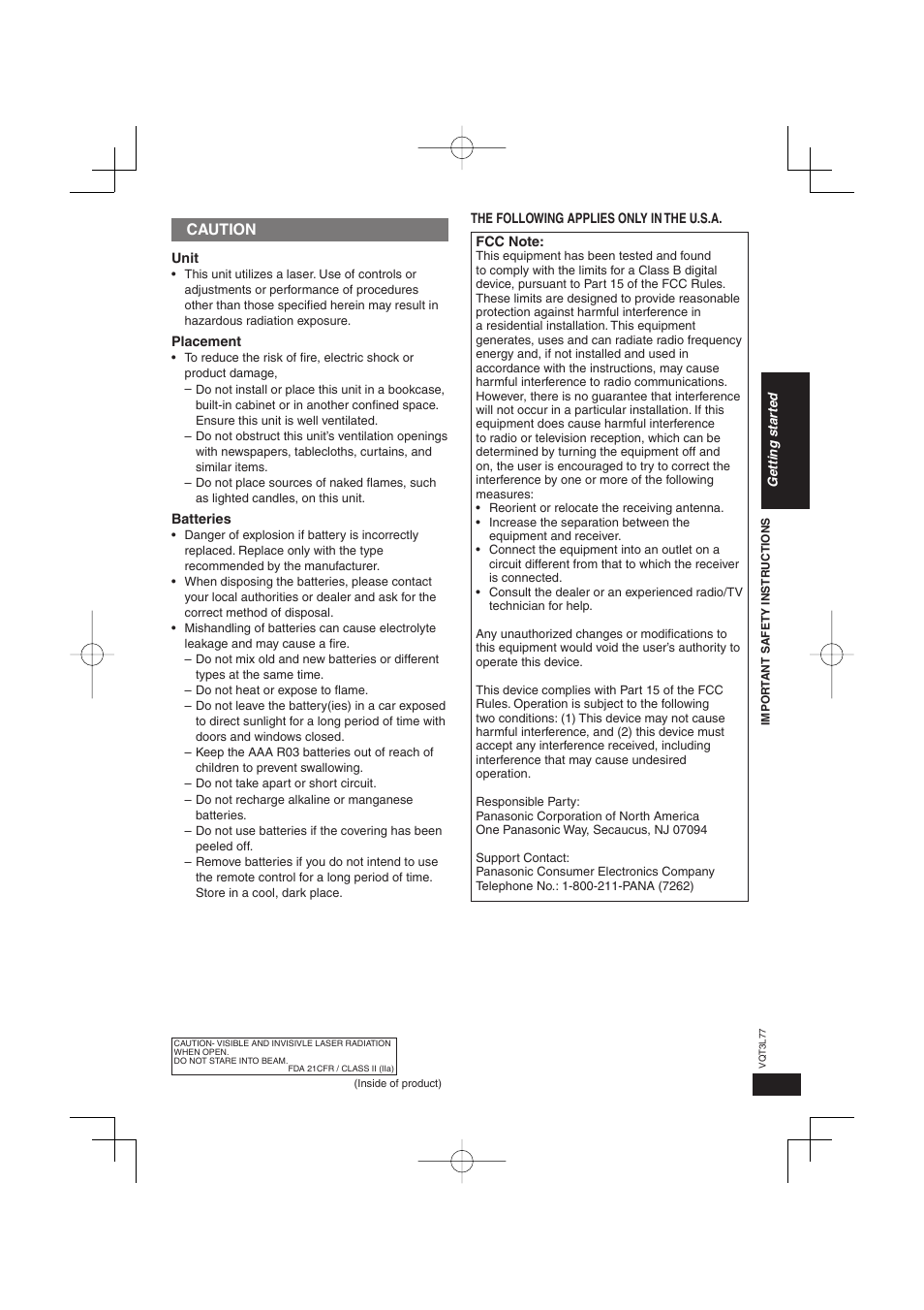 Caution | Panasonic DVD-S48 User Manual | Page 3 / 16