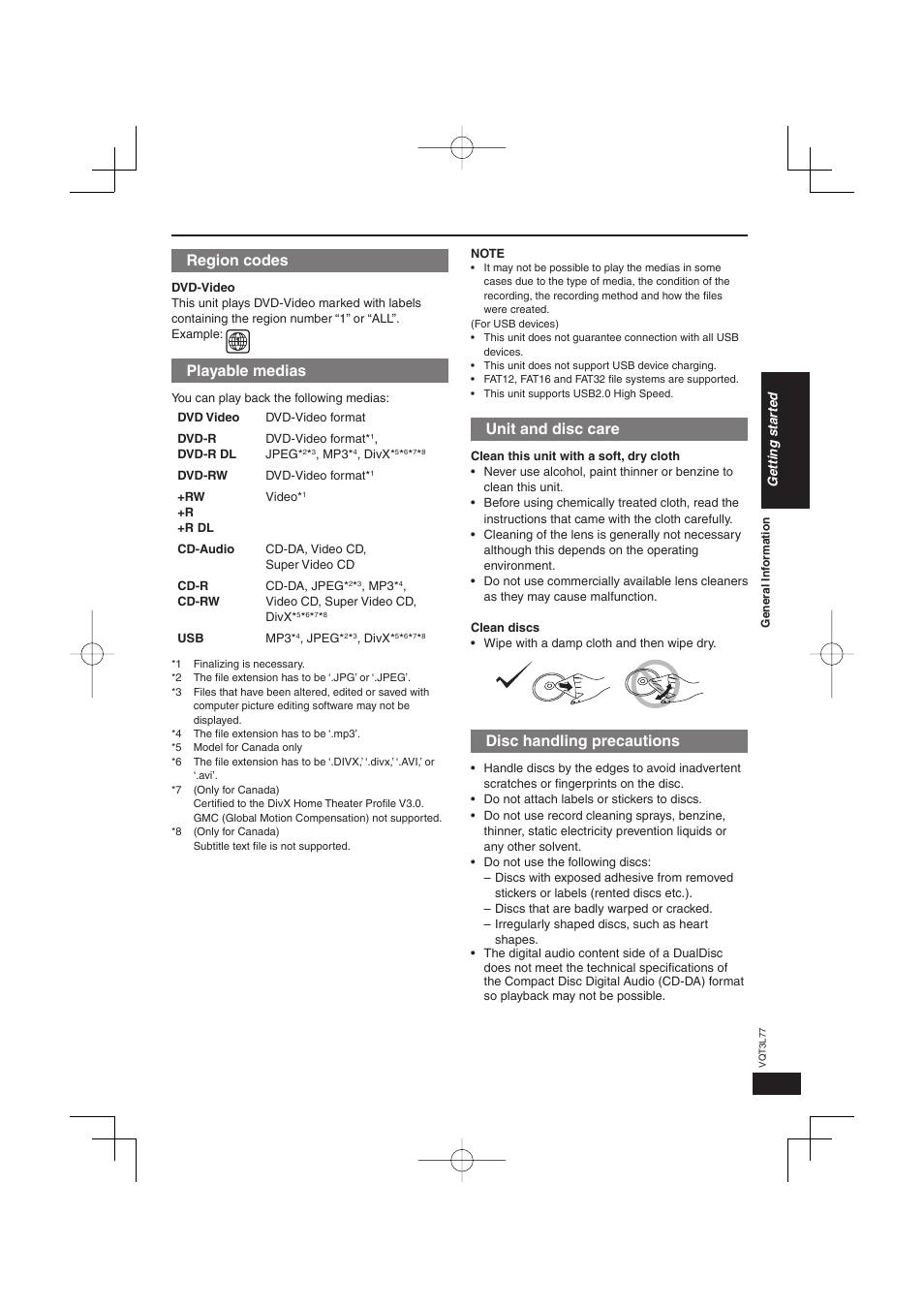 Region codes, Playable medias, Unit and disc care | Disc handling precautions | Panasonic DVD-S48 User Manual | Page 5 / 16