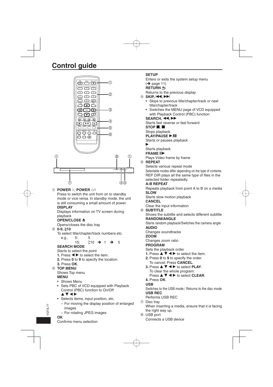 Control guide | Panasonic DVD-S48 User Manual | Page 8 / 16