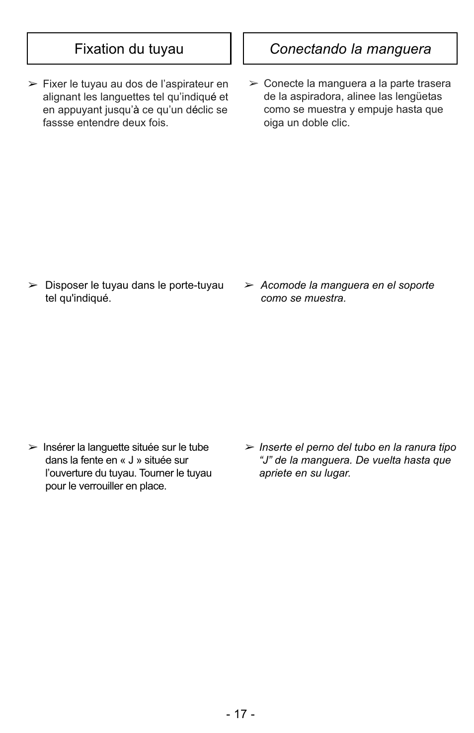 Fixation du tuyau conectando la manguera | Panasonic MC-UG327 User Manual | Page 17 / 64