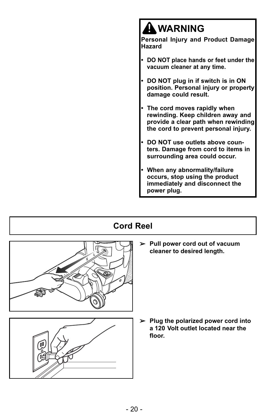 Warning, Cord reel | Panasonic MC-UG327 User Manual | Page 20 / 64