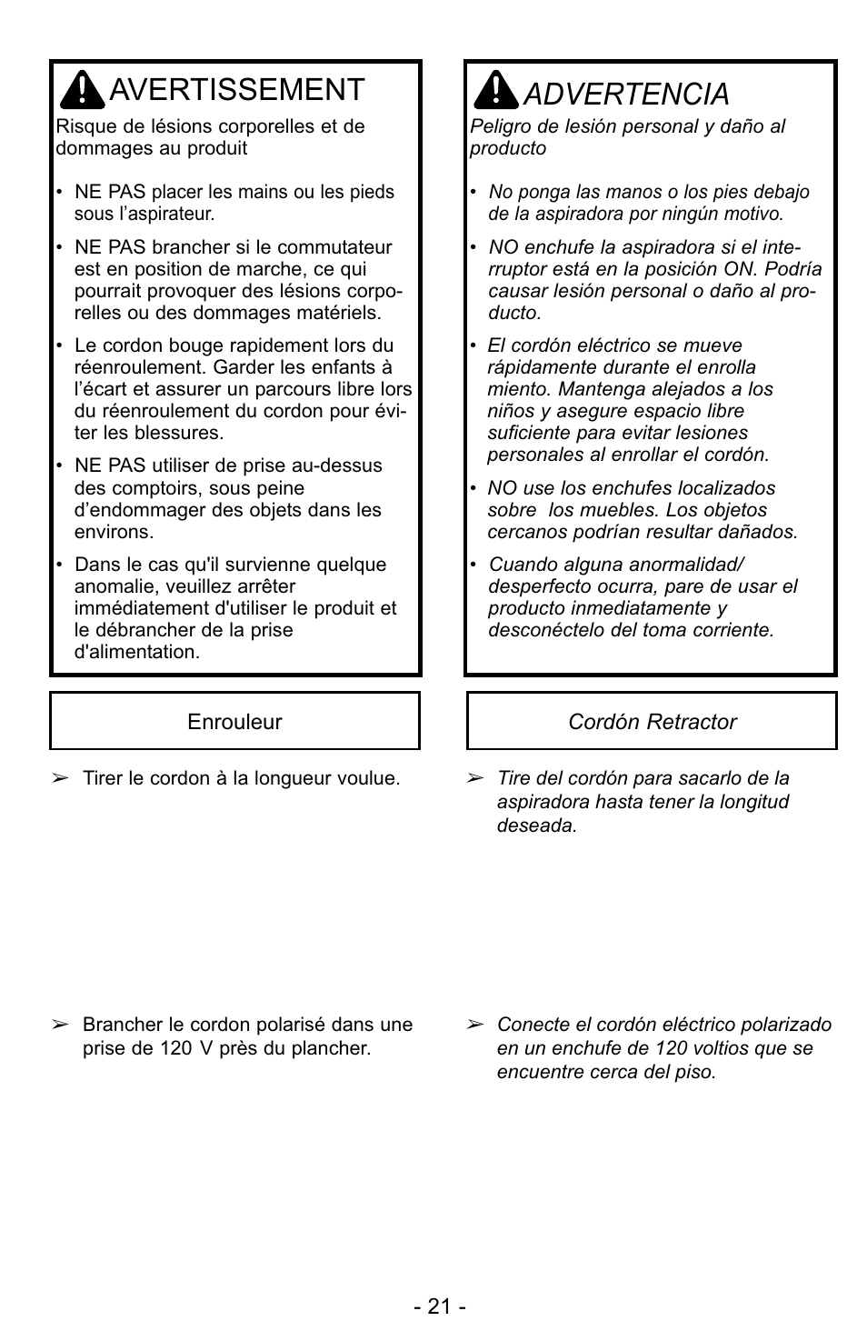 Avertissement, Advertencia | Panasonic MC-UG327 User Manual | Page 21 / 64