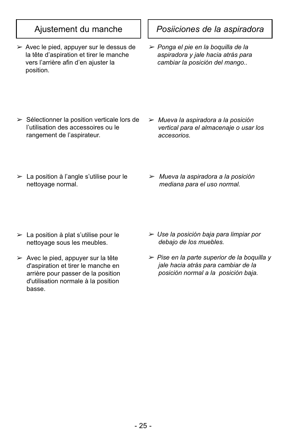 Ajustement du manche posiiciones de la aspiradora | Panasonic MC-UG327 User Manual | Page 25 / 64