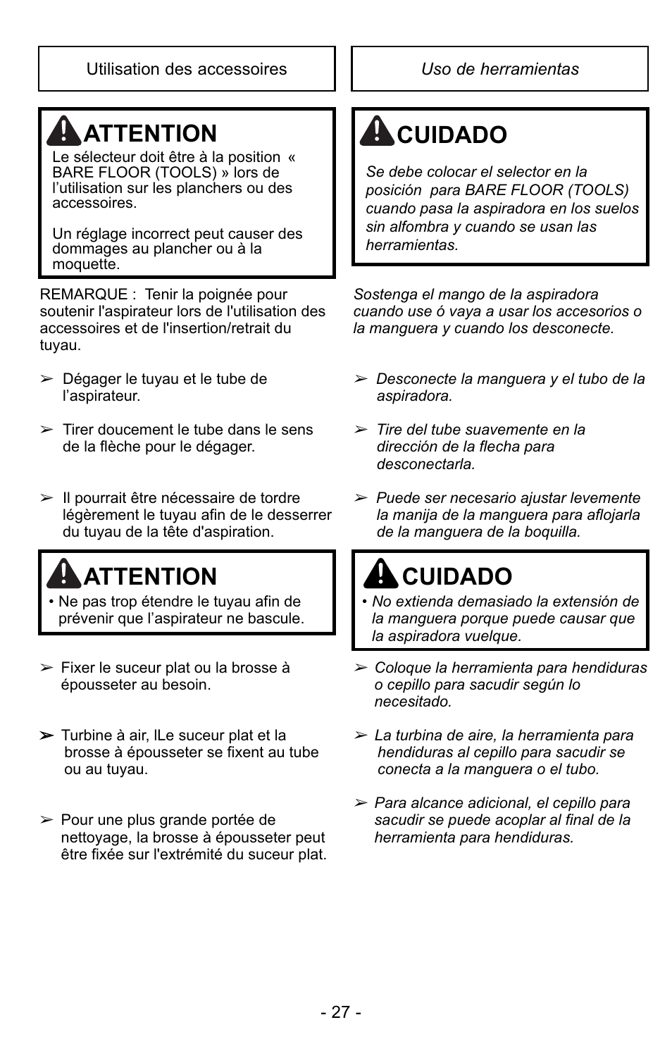 Attention, Cuidado | Panasonic MC-UG327 User Manual | Page 27 / 64
