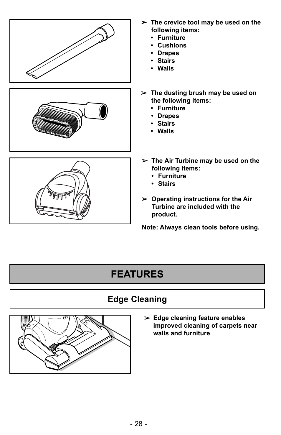 Features, Edge cleaning | Panasonic MC-UG327 User Manual | Page 28 / 64