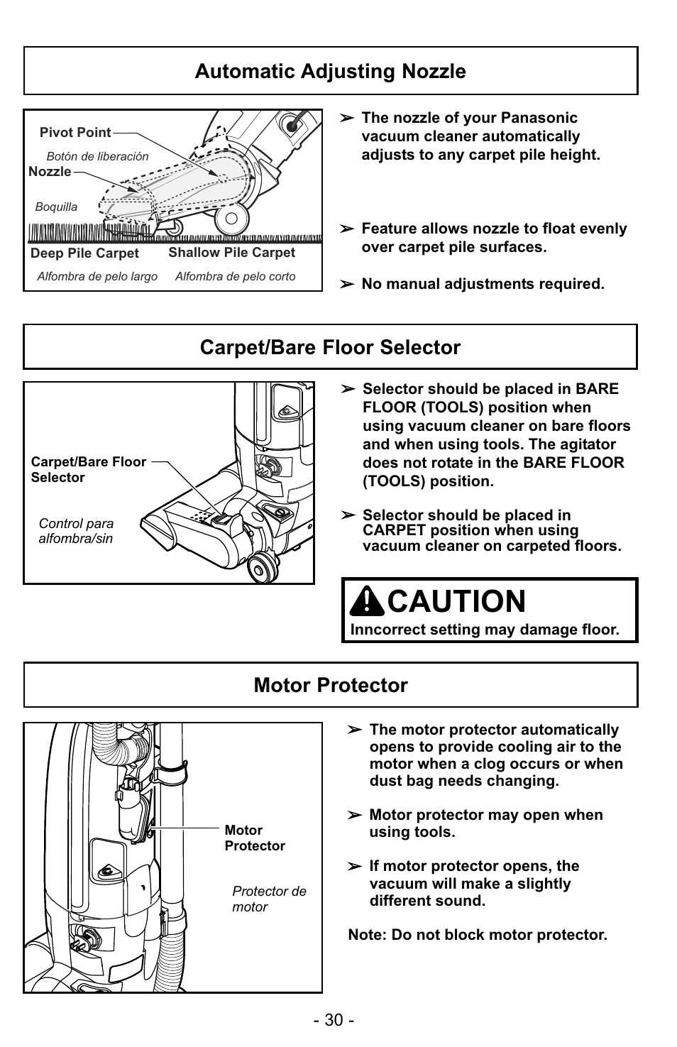 Caution, Motor protector, Automatic adjusting nozzle | Carpet/bare floor selector | Panasonic MC-UG327 User Manual | Page 30 / 64