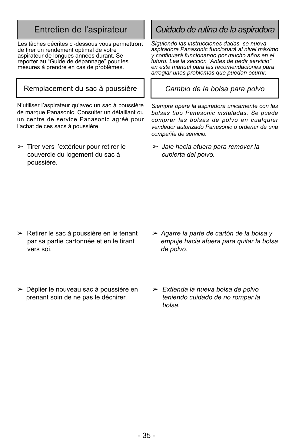 Entretien de l’aspirateur, Cuidado de rutina de la aspiradora | Panasonic MC-UG327 User Manual | Page 35 / 64