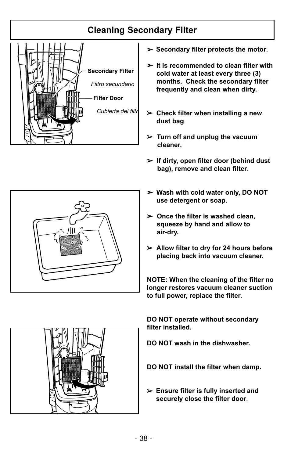 Cleaning secondary filter | Panasonic MC-UG327 User Manual | Page 38 / 64