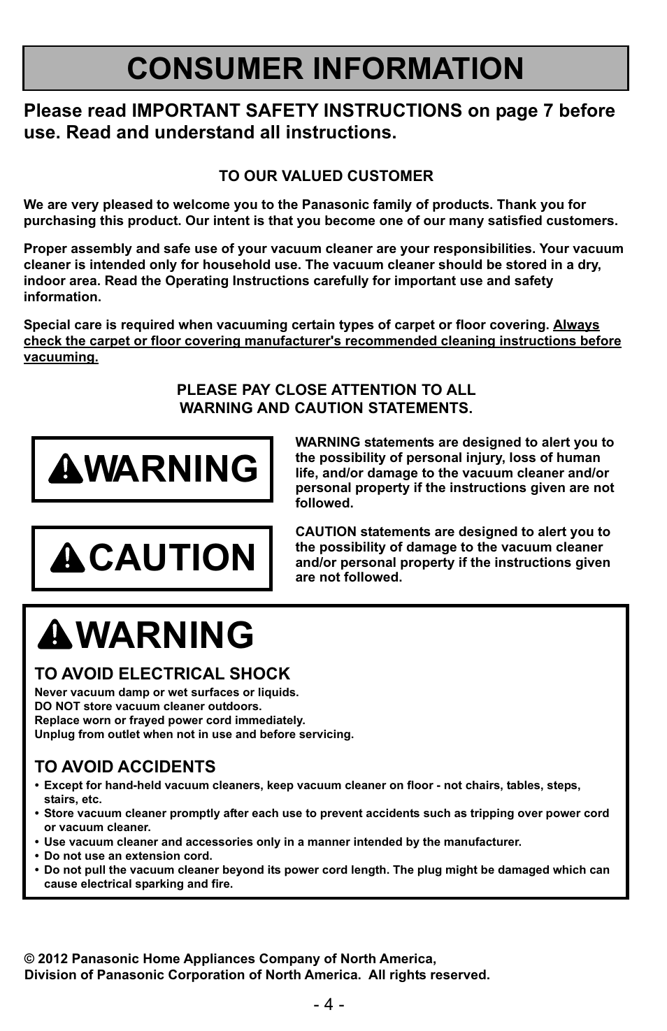 Consumer information, Warning, Caution | Panasonic MC-UG327 User Manual | Page 4 / 64
