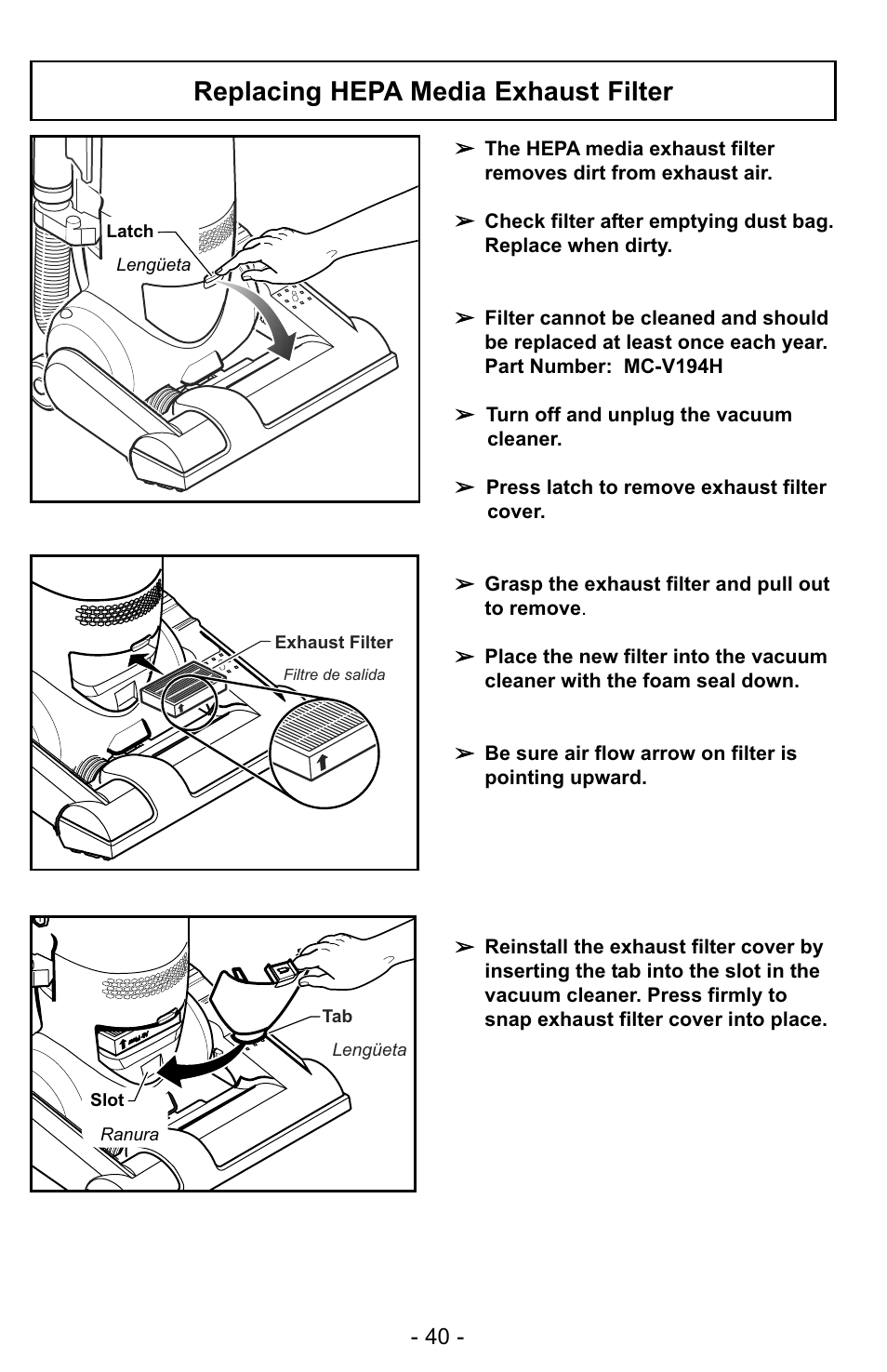 Replacing hepa media exhaust filter | Panasonic MC-UG327 User Manual | Page 40 / 64
