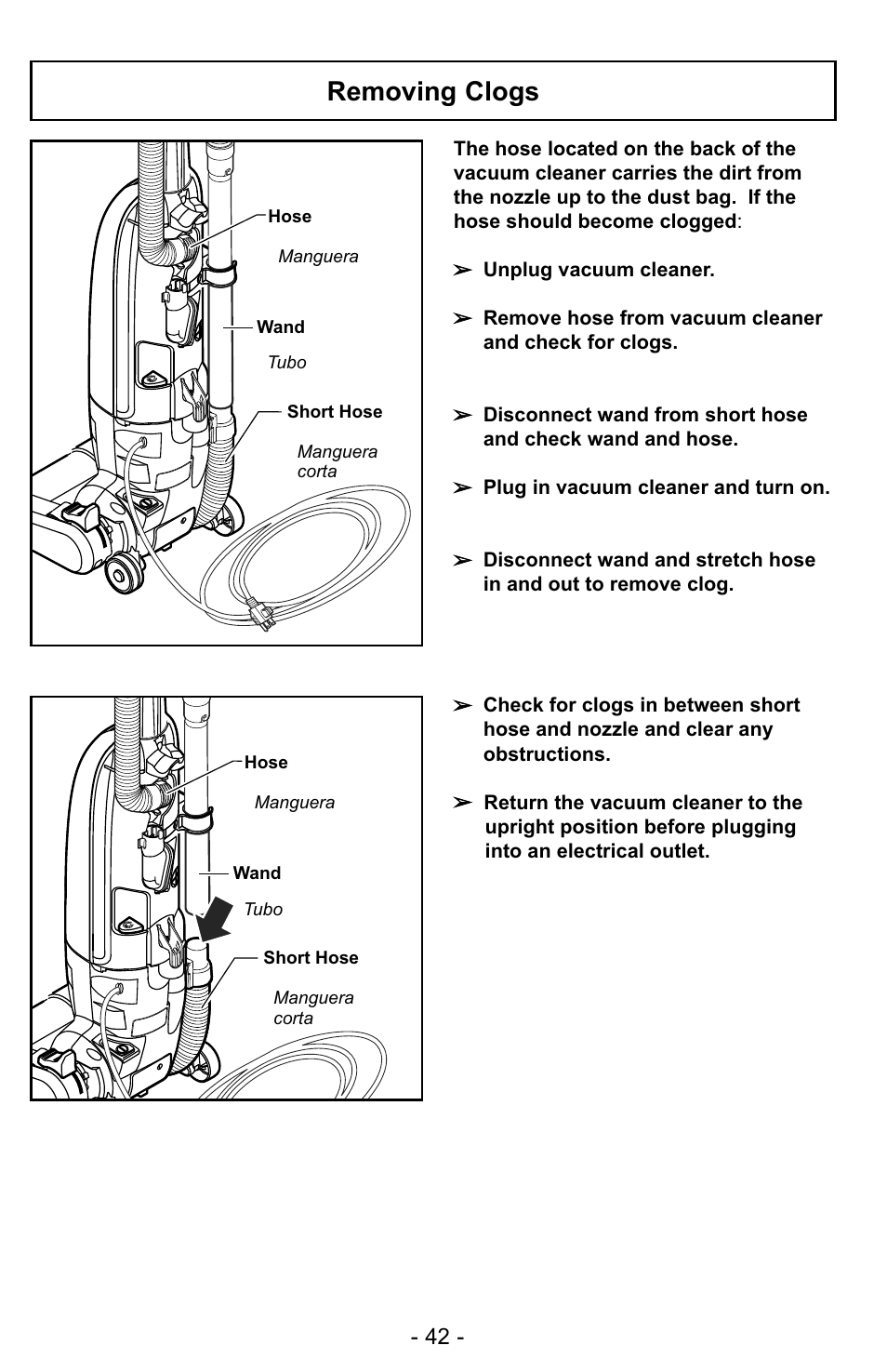 Removing clogs | Panasonic MC-UG327 User Manual | Page 42 / 64