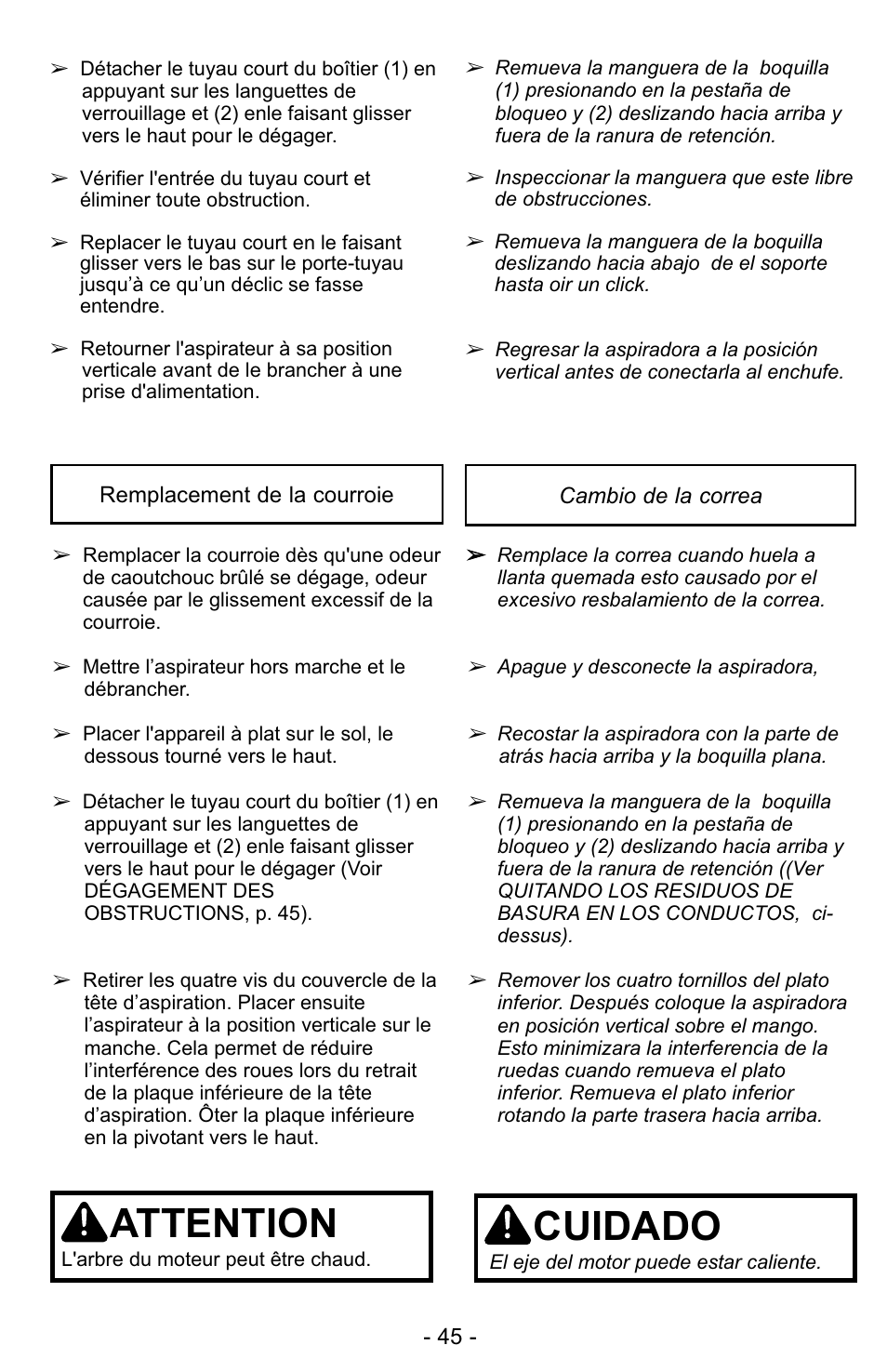 Attention, Cuidado | Panasonic MC-UG327 User Manual | Page 45 / 64