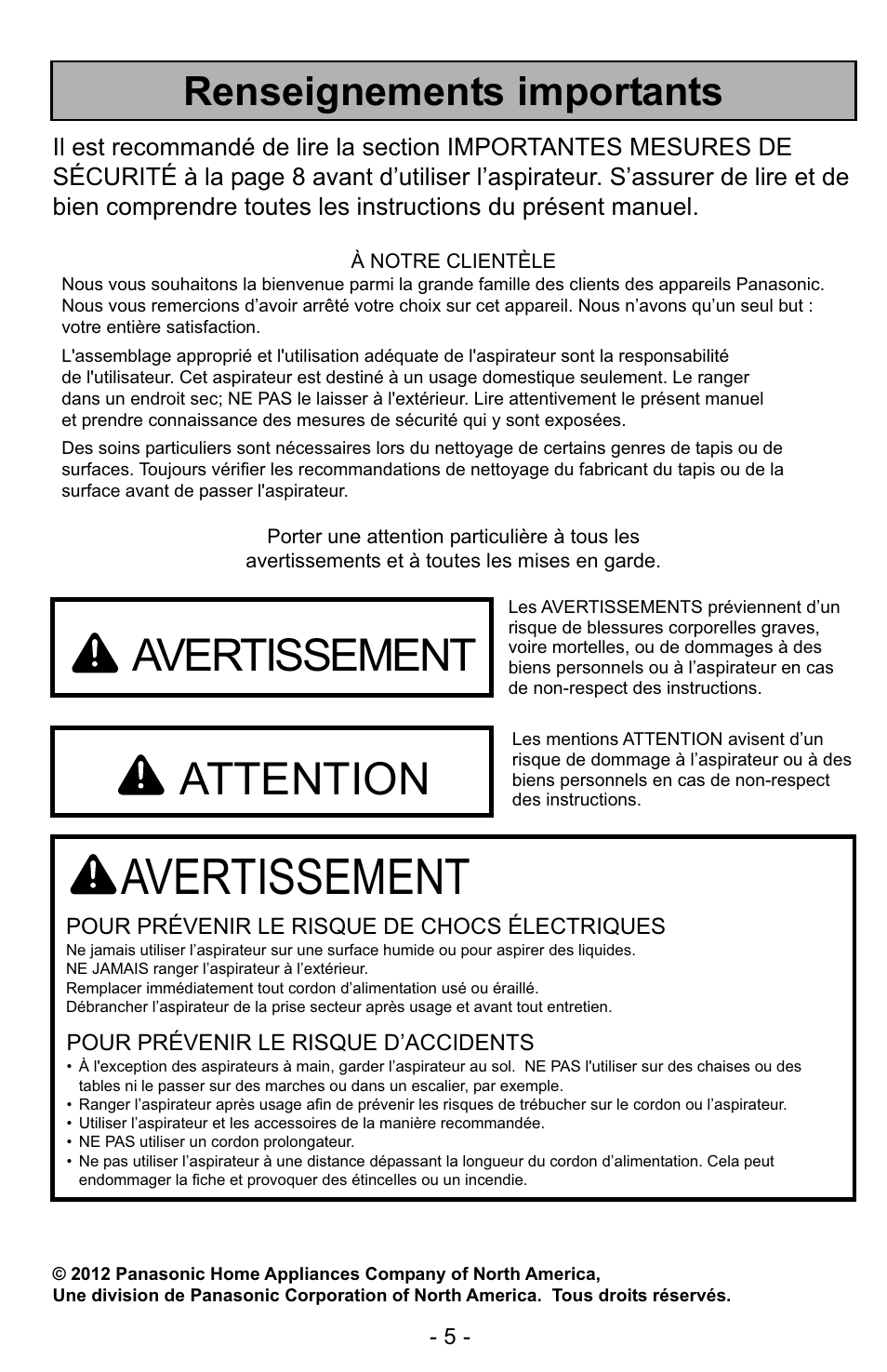 Renseignements importants, Avertissement, Attention | Panasonic MC-UG327 User Manual | Page 5 / 64
