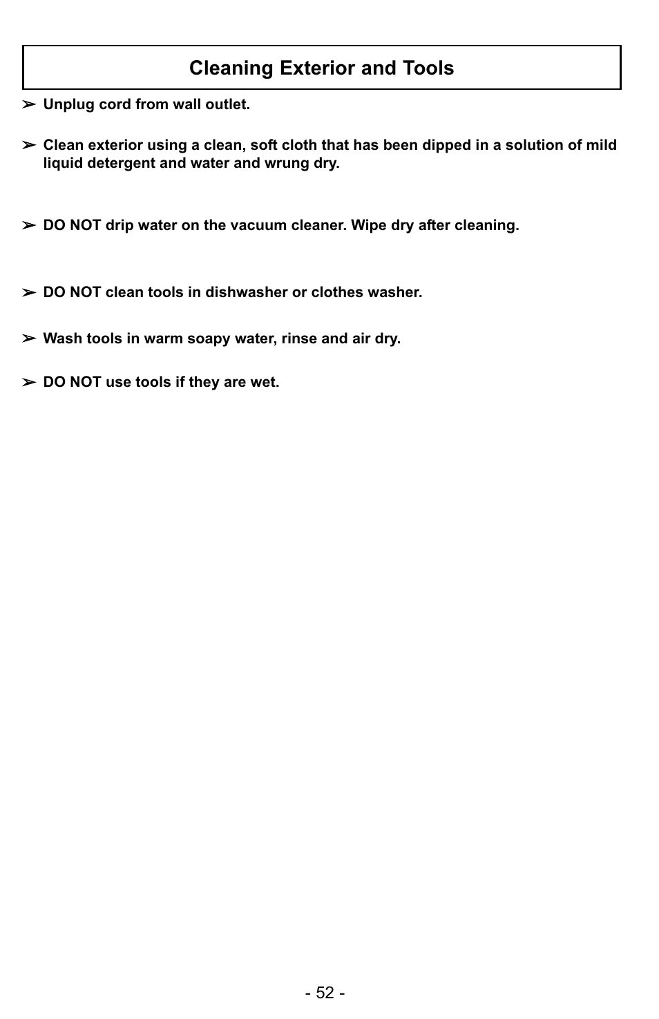 Cleaning exterior and tools | Panasonic MC-UG327 User Manual | Page 52 / 64