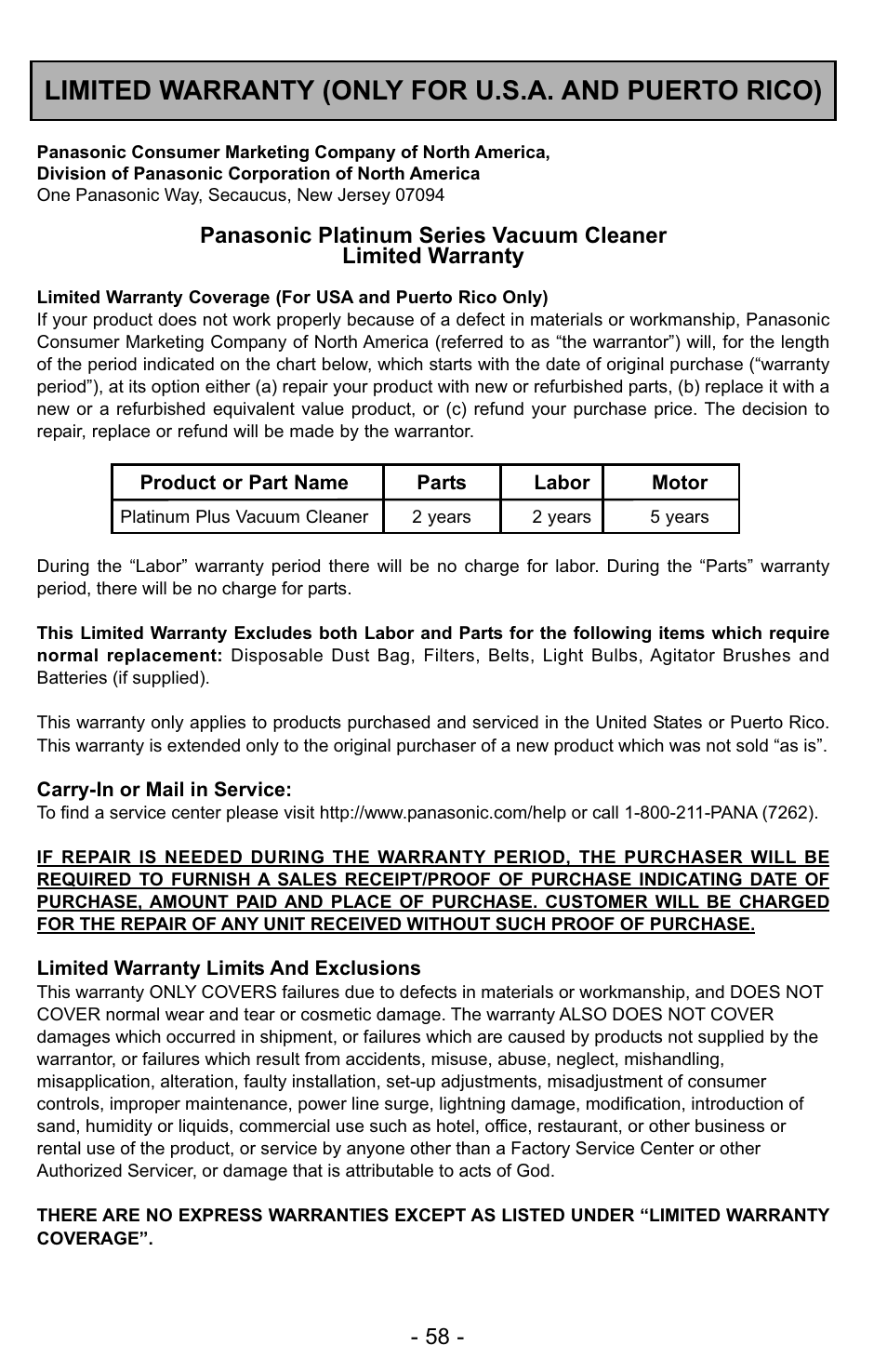 Warranty, Limited warranty (only for u.s.a. and puerto rico) | Panasonic MC-UG327 User Manual | Page 58 / 64