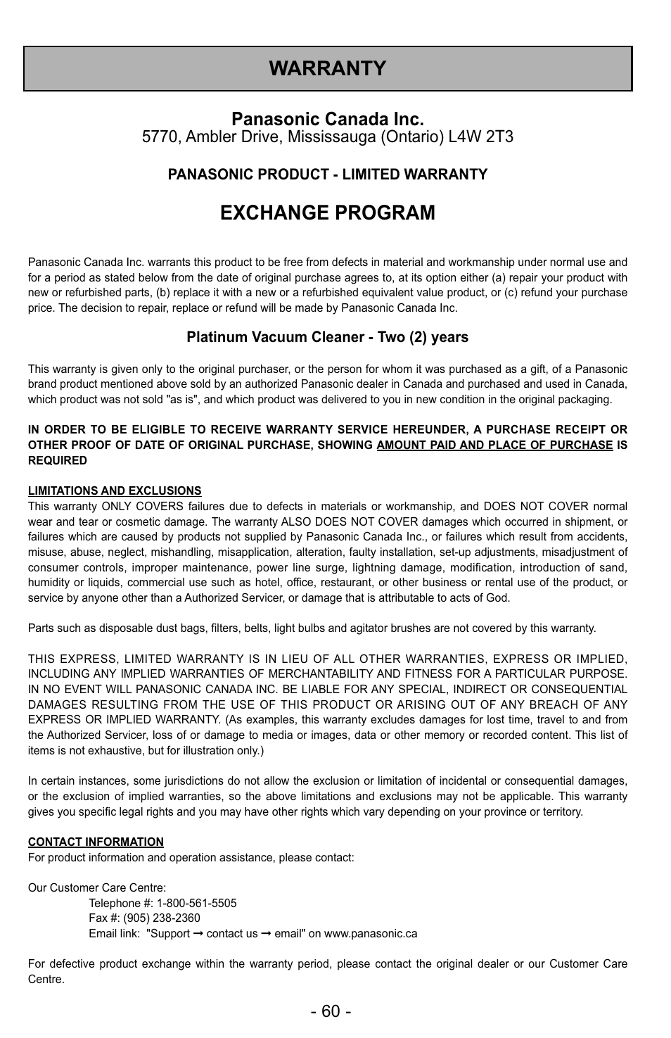 Warranty, Exchange program, Panasonic canada inc | Panasonic MC-UG327 User Manual | Page 60 / 64