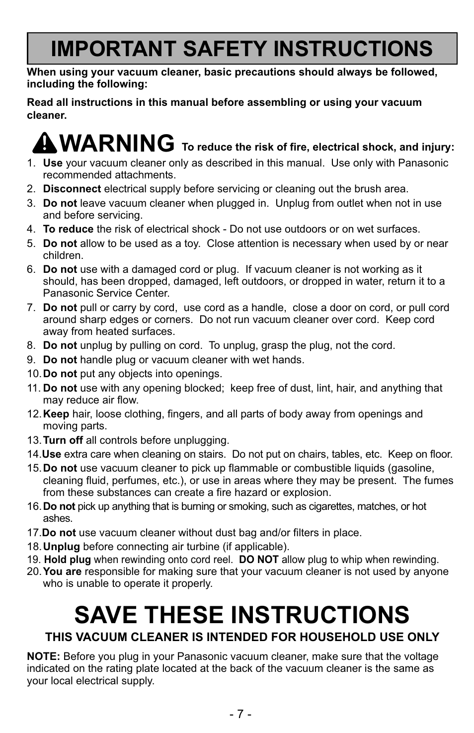 Important safety instructions, Warning, Save these instructions | Panasonic MC-UG327 User Manual | Page 7 / 64