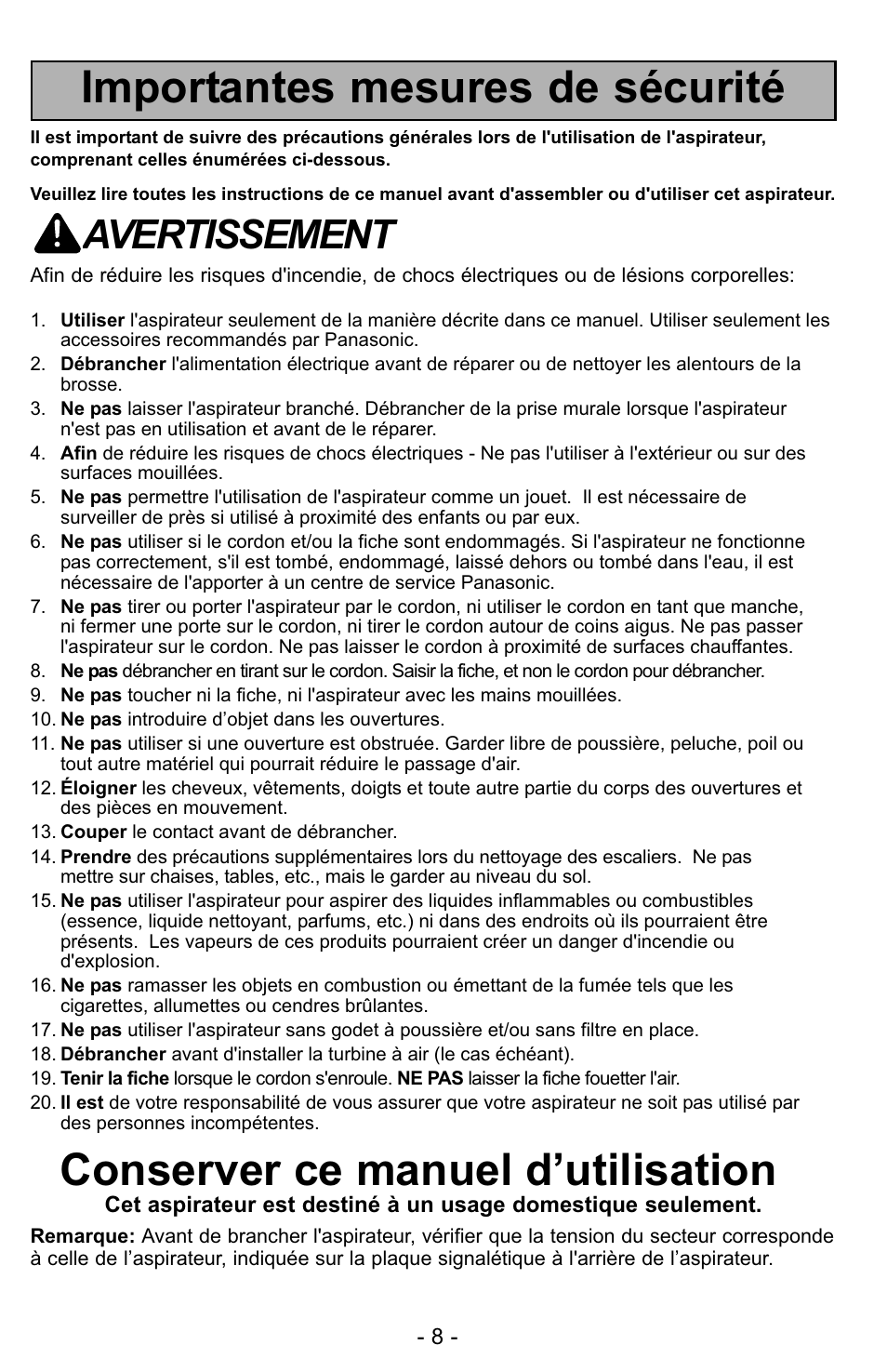 Importantes mesures de sécurité, Conserver ce manuel d’utilisation, Avertissement | Panasonic MC-UG327 User Manual | Page 8 / 64