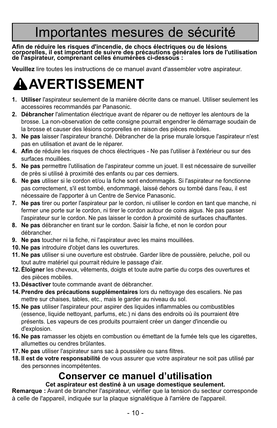 Importantes mesures de sécurité, Avertissement, Conserver ce manuel d’utilisation | Panasonic MC-UG725 User Manual | Page 10 / 64