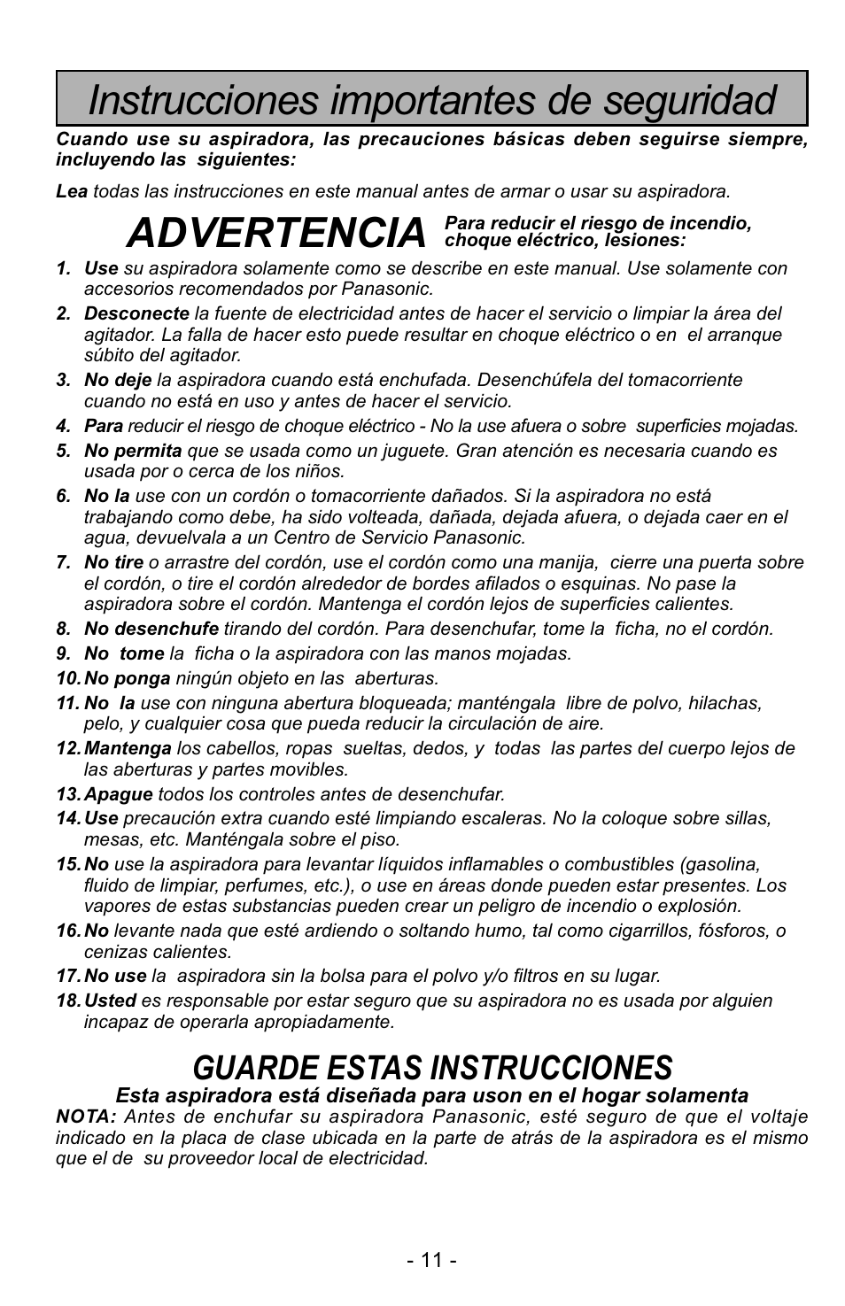 Instrucciones importantes de seguridad, Advertencia, Guarde estas instrucciones | Panasonic MC-UG725 User Manual | Page 11 / 64