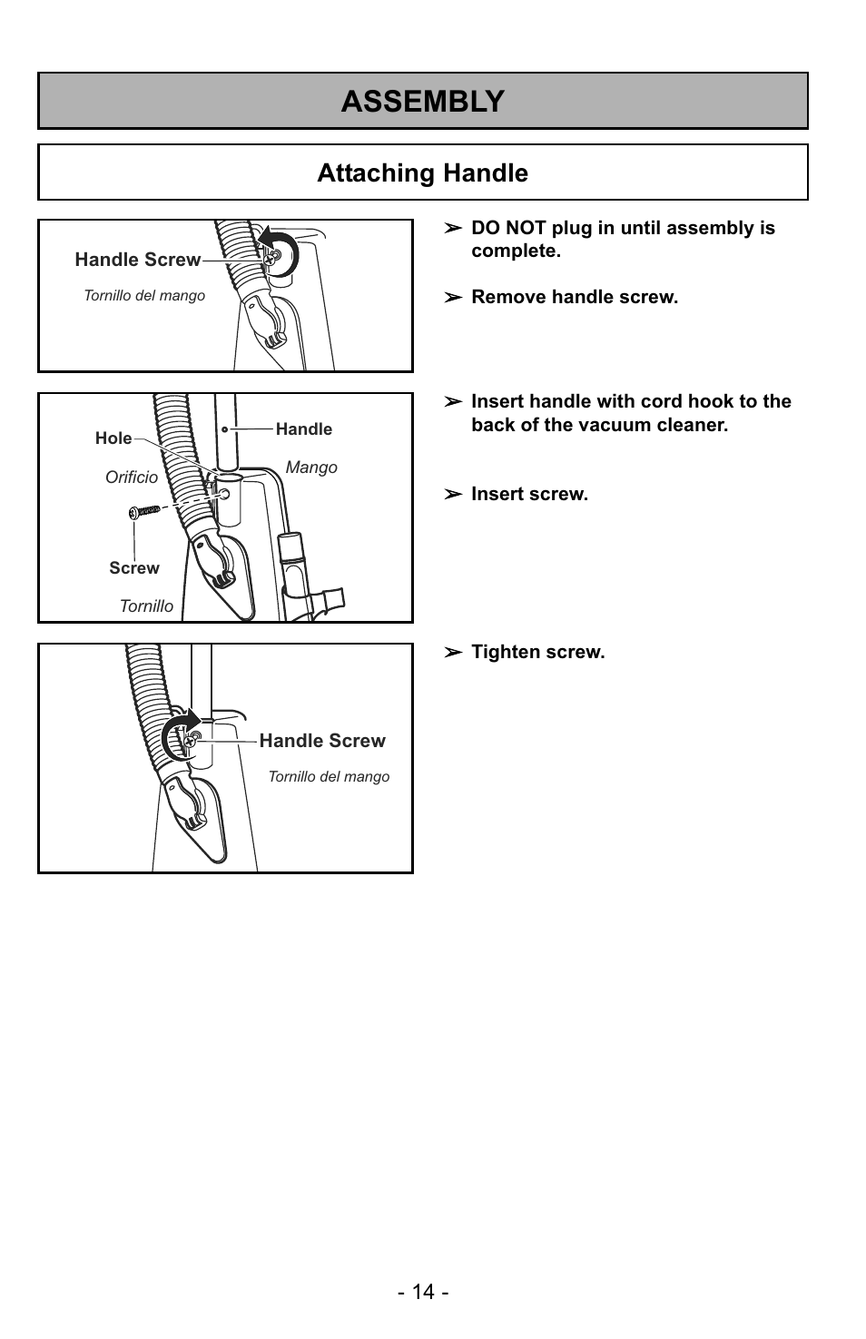 Assembly, Attaching handle | Panasonic MC-UG725 User Manual | Page 14 / 64