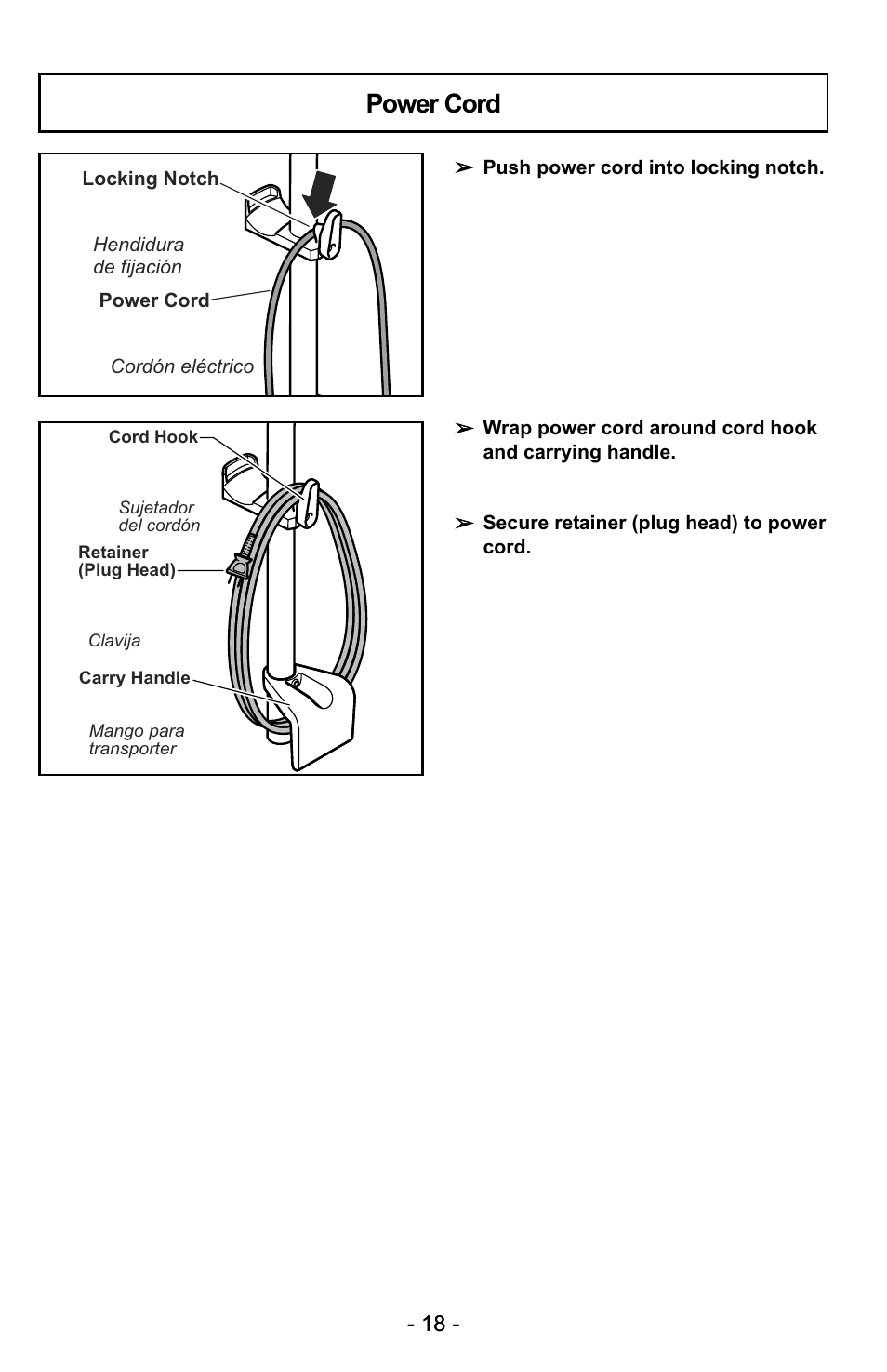 Power cord | Panasonic MC-UG725 User Manual | Page 18 / 64