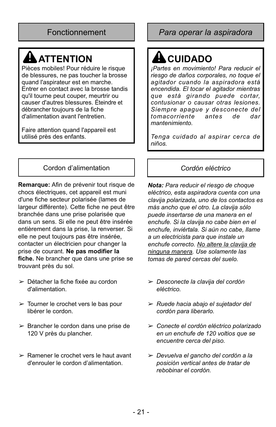 Attention, Cuidado, Para operar la aspiradora fonctionnement | Panasonic MC-UG725 User Manual | Page 21 / 64