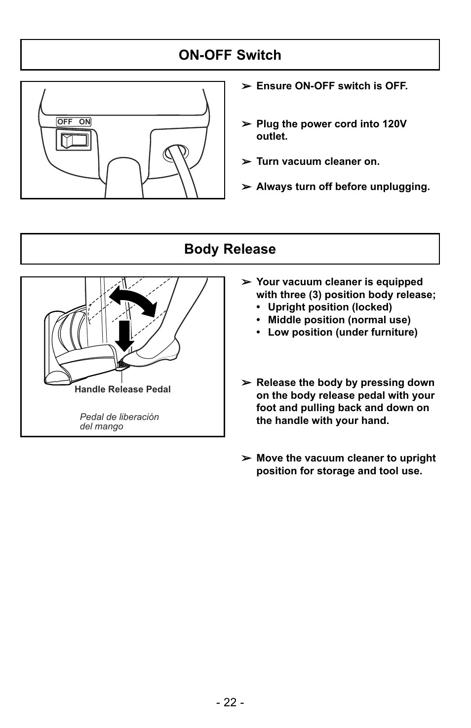On-off switch, Body release | Panasonic MC-UG725 User Manual | Page 22 / 64