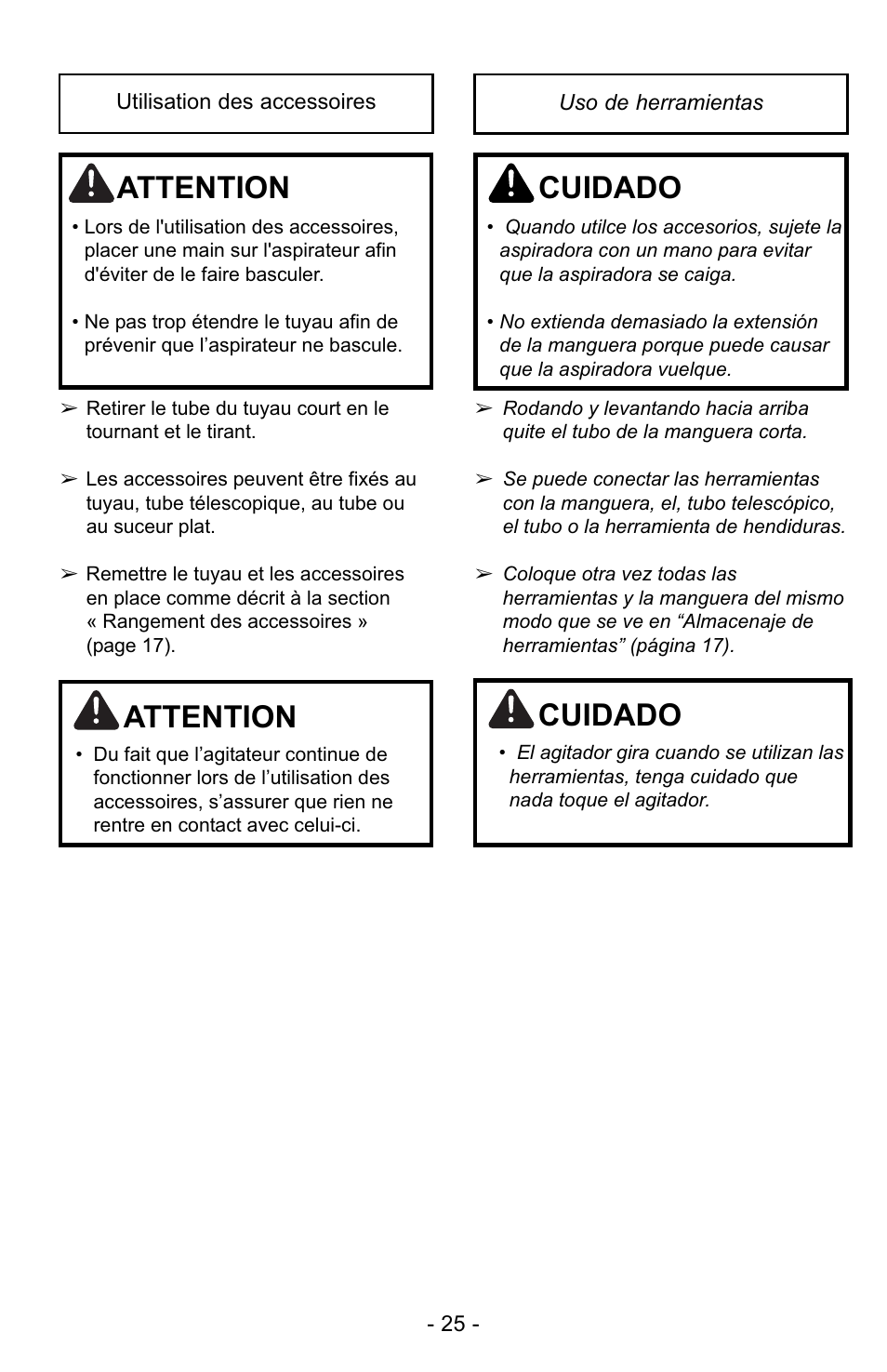 Attention, Cuidado | Panasonic MC-UG725 User Manual | Page 25 / 64